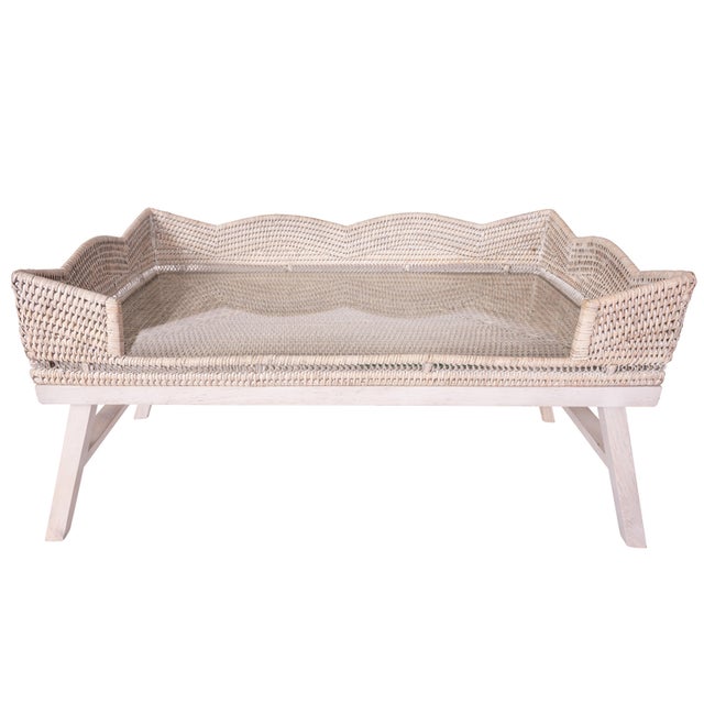 2020s Artifacts Rattan Scallop Design Breakfast Tray with Wooden Legs with Glass insert, White Wash For Sale - Image 5 of 5
