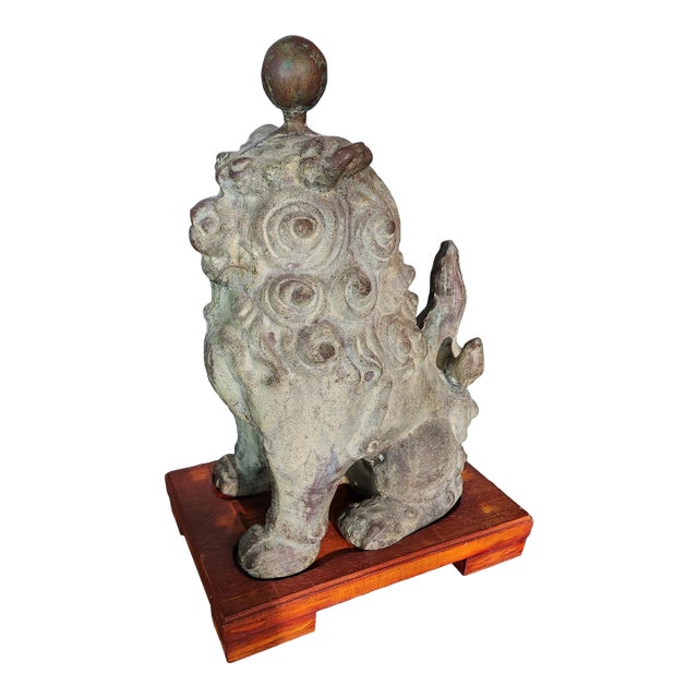Mid 20th Century Vintage Large Chinese Bronze Foo Dog on Custom Wood Stand For Sale