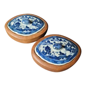 Mid 20th Century Vintage Blue and White Nanking Canton China Covered Wood Trinket Dishes Set of 2