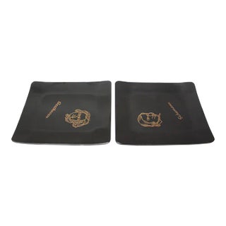 Set of Two Small Mid-Century Black Resin Inlaid "Beethoven and Schumann" Composer Trays by Couroc For Sale