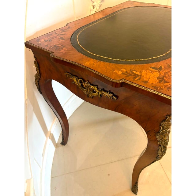 Mid 19th Century Antique French Walnut Marquetry Inlaid Writing Desk with Leather Top, 1860s For Sale - Image 5 of 14