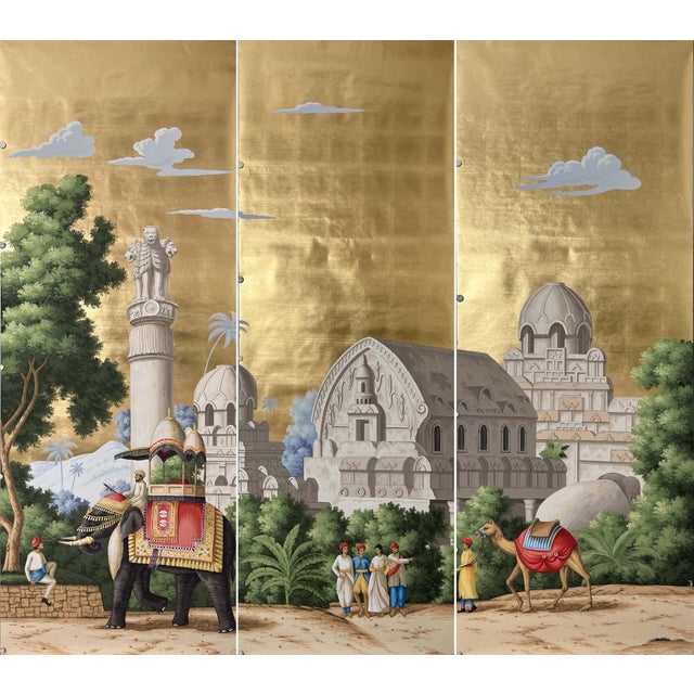 Reserved Order for Hand Painted Indian Panoramic Mural on Gold Metallic - 5-Panels For Sale