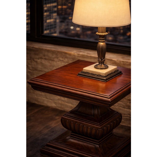 Wood Vintage Solid Wood Square Pedestal Side Table With Carved Base – Traditional Accent Table For Sale - Image 7 of 7