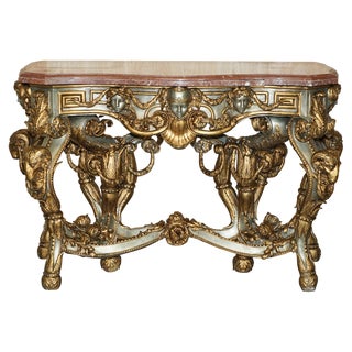 Baroque Metal Rams & Maiden Head Marble Topped Console Table For Sale