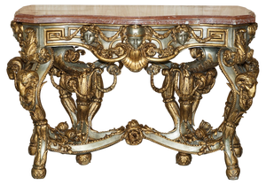 Baroque Metal Rams & Maiden Head Marble Topped Console Table