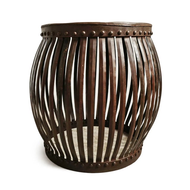 Farmhouse Vintage Farmhouse Industrial Iron Drum Strap Side Table For Sale - Image 3 of 10