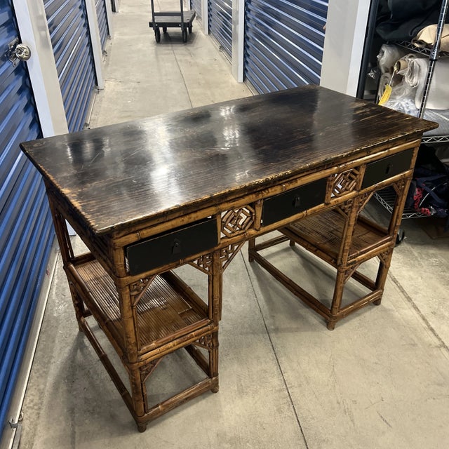 Chinese Antique 19th Century Chinese Rattan Desk With Fretwork Detail For Sale - Image 3 of 11