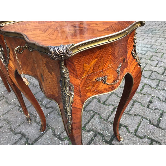 1850s French Louis XV Fruitwood Marquetry Side Tables Pair For Sale - Image 10 of 18