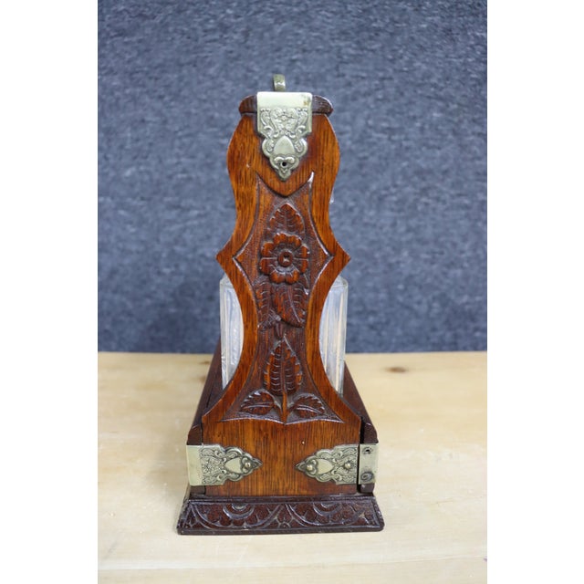 Late 19th Century Antique English Oak & Brass Tantalus Decanter Set For Sale - Image 5 of 9