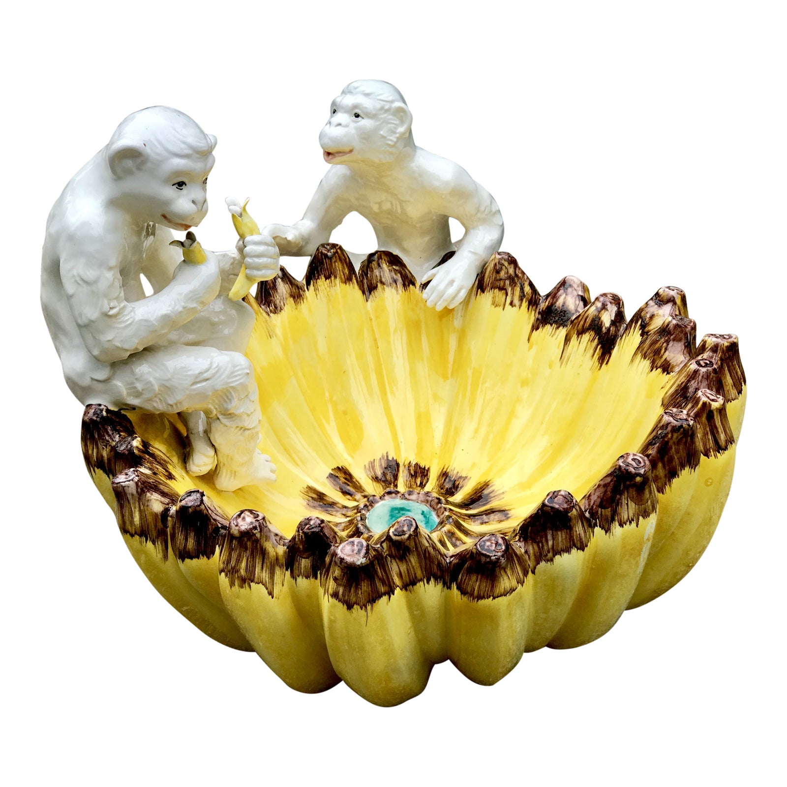 Hollywood Regency Ceramic White Monkeys and Banana Fruit Bowl | Chairish