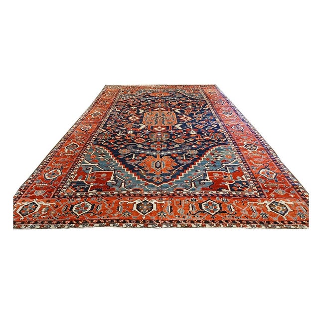 Condition: Antique Circa: 1930s Origin: Persia Design: Serapi Karajeh Actual size: 13.0 X 19.0 Thickness: 3/8" Color: Navy...