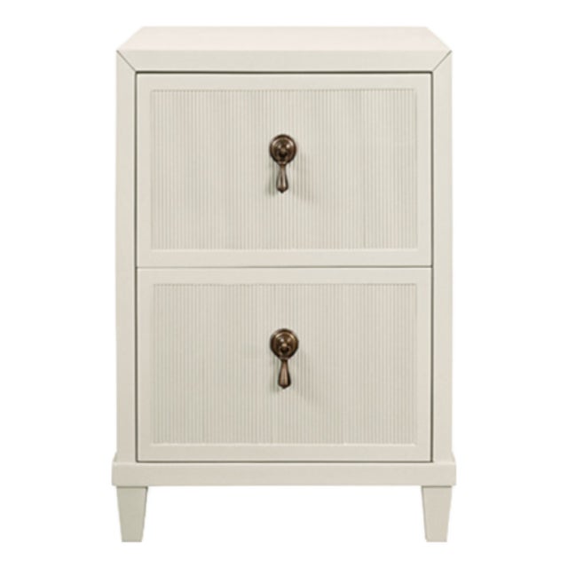 Matthew Izzo Home Novalie Antique White Matte Lacquer Fluted Front Two Drawer Side Table With Antique Brass Drawer Pulls For Sale