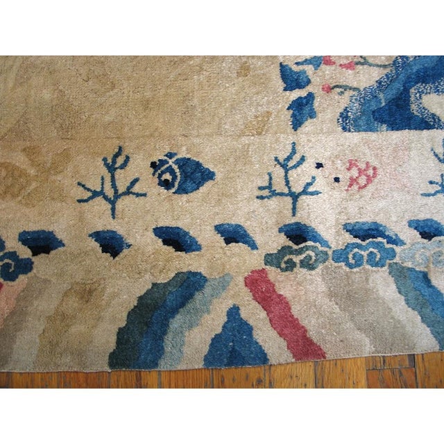 1900s Ivory Field Antique Dragon Medallion Chinese Peking Small Knotted Wool Rug For Sale In New York - Image 6 of 9
