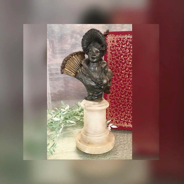 Antique Spelter Bust on Alabaster Art Nouveau Victorian Woman For Sale - Image 10 of 11