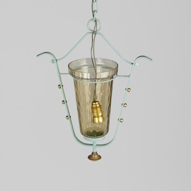 Mid-Century Modern Mid 20th Century Swedish Modern Style Painted Metal & Amber Glass Pendant Ceiling Lamp For Sale - Image 3 of 5