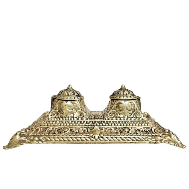 Antique Solid Brass French Déposé Footed Desktop Rococo Double Inkwell For Sale In Greenville, SC - Image 6 of 9