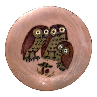 Mid Century Hand Crafted Enamel Owl Plate by Annemarie Davidson, Signed For Sale