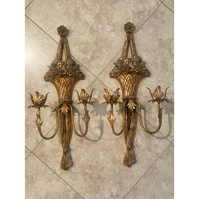 Gold Vintage French Rococo Style Gilt Candle Wall Sconces - A Pair For Sale - Image 8 of 8