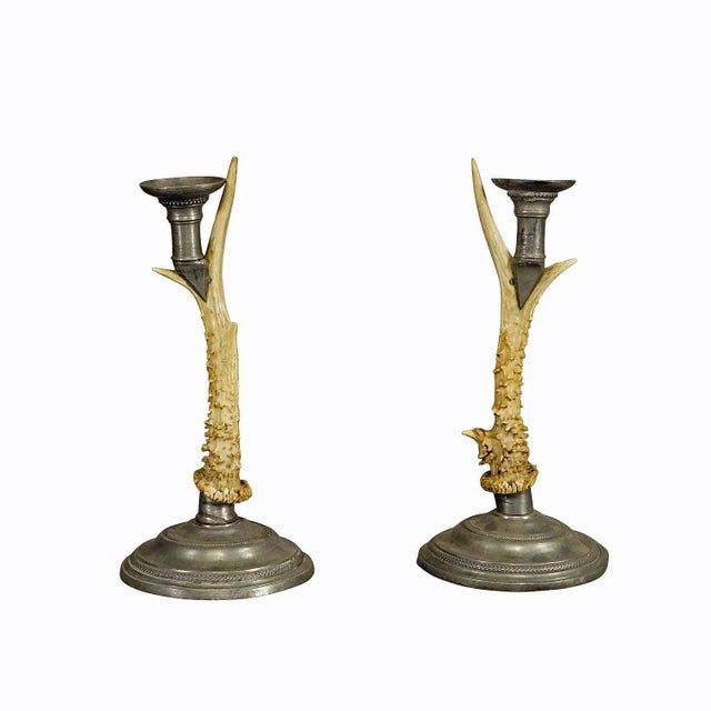 Brown A Pair Black Forest Candle Holders With Pewter Base and Spout, Germany Ca. 1860s For Sale - Image 8 of 8