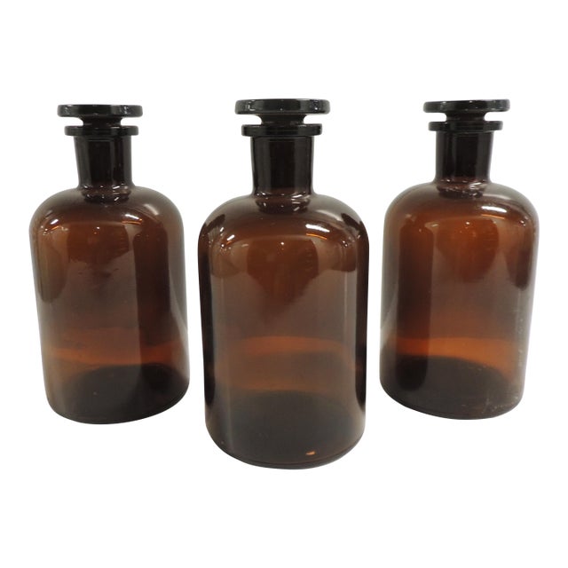 Vintage Amber Color Glass Pharmacy Apothecary Bottles - Set of 3 For Sale