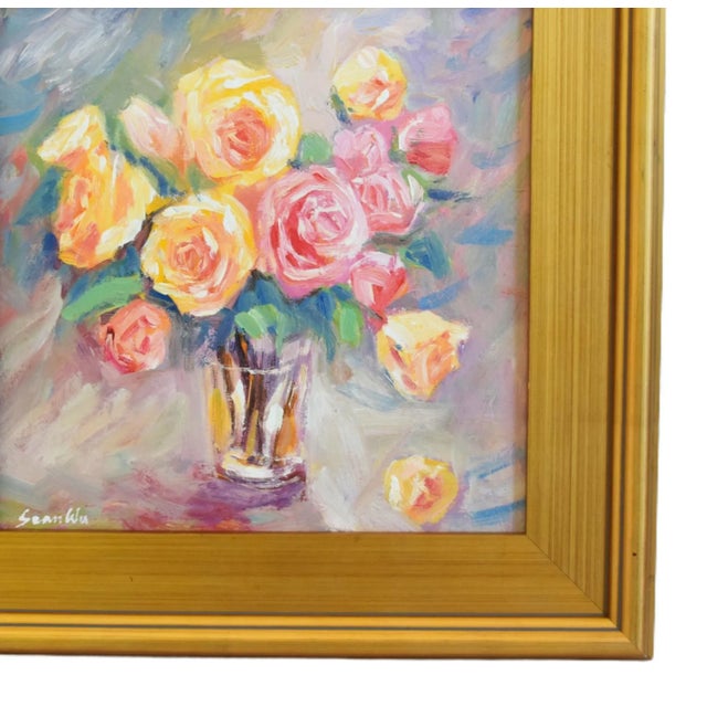 Contemporary bouquet of pastel roses in vase table scape still life oil painting on artist canvas panel by artist Sean Wu....