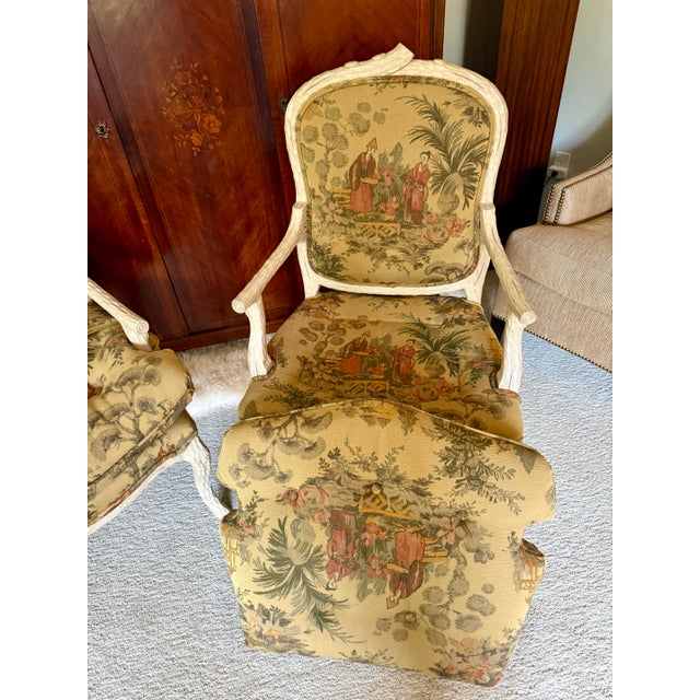 Yellow 1970’s Custom Upholstered Chinoiserie Armchairs - a Pair For Sale - Image 8 of 12