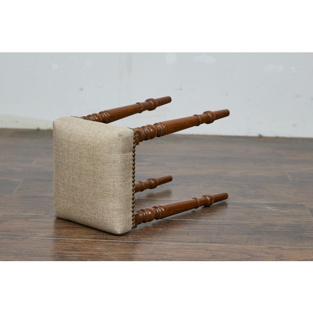 Wood English 19th Century Petite Oak Stool with Turned Legs and Linen Upholstery For Sale - Image 7 of 7