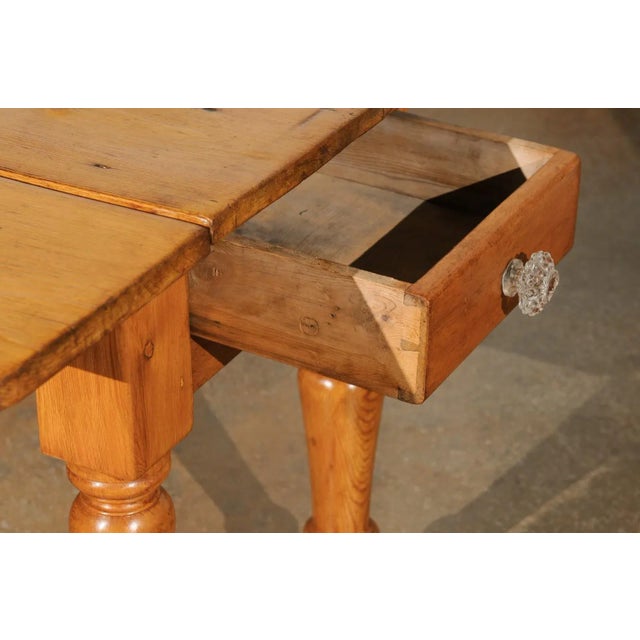 English 1875s Pine Drop Leaf Table with Two Lateral Drawers and Turned Legs For Sale - Image 9 of 13