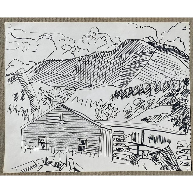 MCM landscape ink wash by Vermont artist Frank Wallace (1915/18-2003). Wallace was born in Toledo, Ohio and grew up in...