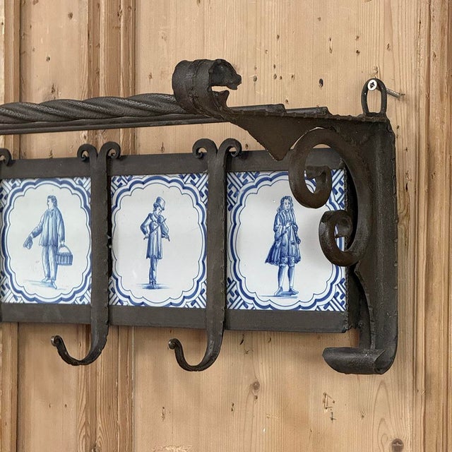 19th Century Dutch Wrought Iron Coat Rack With Delft Tiles For Sale - Image 12 of 18