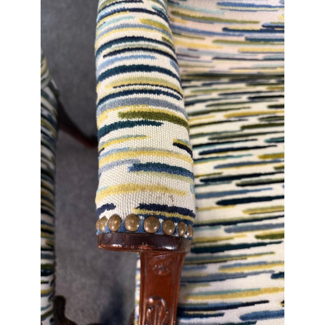 Late 20th Century Pair of Baker Furniture Attributed Stately Homes Gainsborough Arm Chairs in Green & Blue For Sale - Image 11 of 11