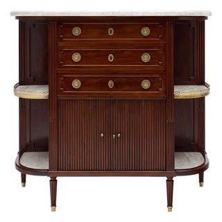French Louis XVI Style Mahogany Buffet With Marble Shelves and Tambour Doors, Circa 1880 For Sale