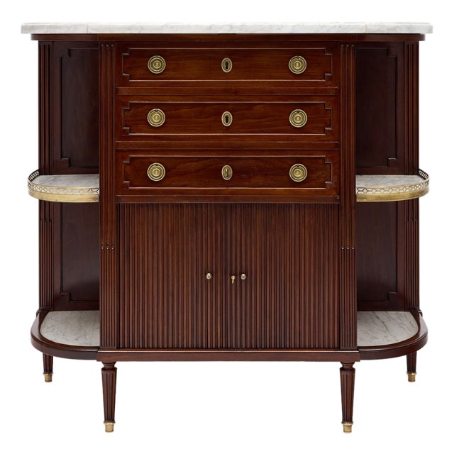 French Louis XVI Style Mahogany Buffet With Marble Shelves and Tambour Doors, Circa 1880 For Sale