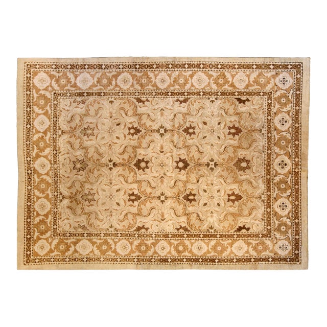 Antique Indian Amritsar Botanic Brown, Beige Handmade Wool Carpet For Sale