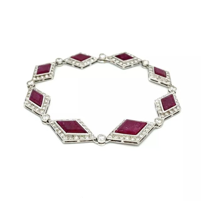 Diamond Gemstone Bracelet 14k White Gold Rhombus Link Vintage For Sale - Image 4 of 8