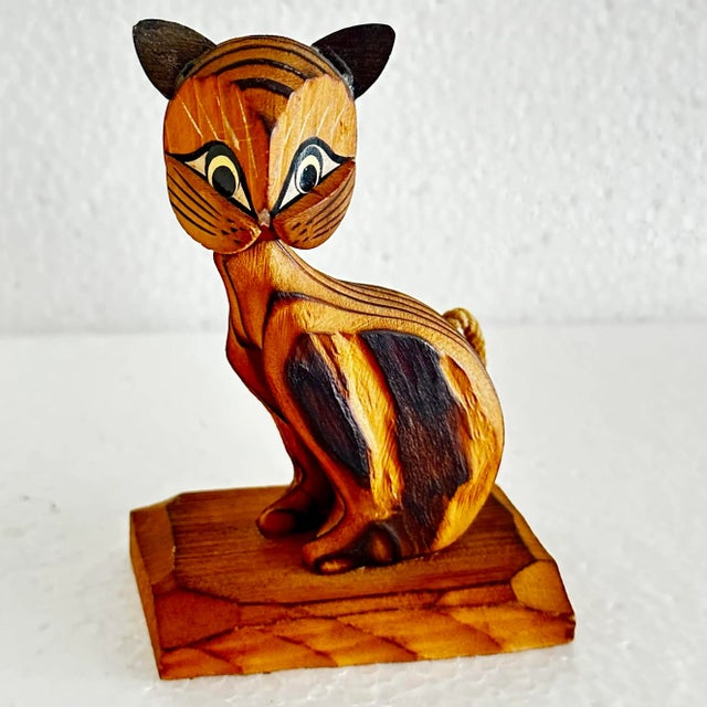 Wood Vintage Mid-Century Carved Wood Springy/Bobble Head Cat Figurine For Sale - Image 7 of 8