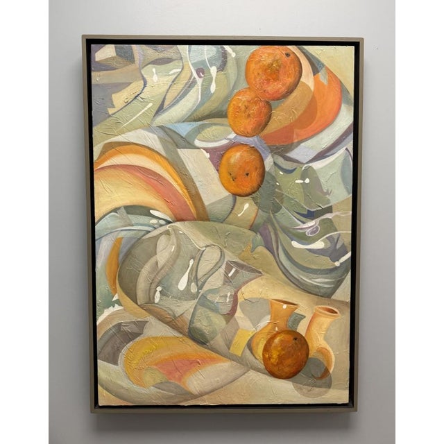 This original modern still life by A. Breuer, painted in 2004, features a dynamic, abstracted composition of oranges and...