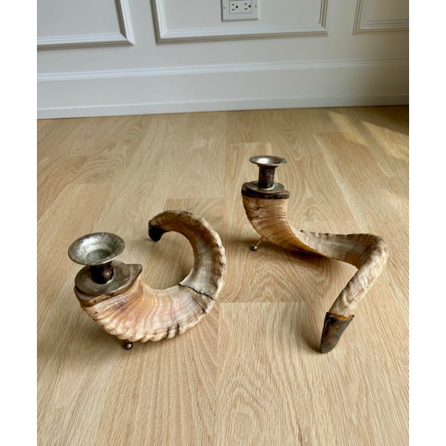 Vintage Organic Modern Ram’s Horn Candlesticks With Silvered Brass Mounts – Pair For Sale - Image 11 of 12