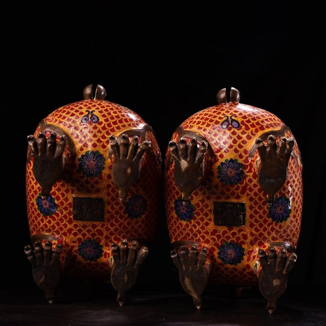 Bronze Late 20th Century Pair of Gilt Bronze Cloisonné Enamel Mythical Beast Incense Burners For Sale - Image 8 of 9