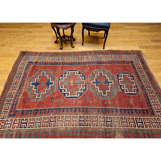 19th Century Antique Caucasian Kazak Rug, Handwoven Wool, Geometric Medallion Design, Red & Ivory, 5' x 7' For Sale - Image 5 of 17