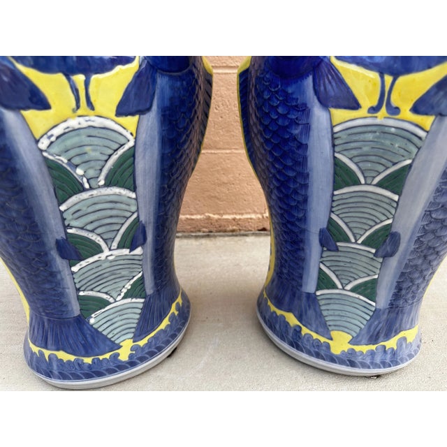 Chinese Blue & Yellow Koi Fish Jiaqing Vase-A Pair For Sale - Image 3 of 12