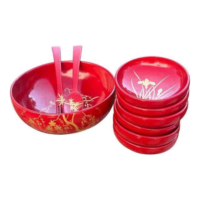 Vintage Wajima-Nuri Lacquerware Salad Bowl Set- 1 Big & 6 Small Bowls, Utensils For Sale
