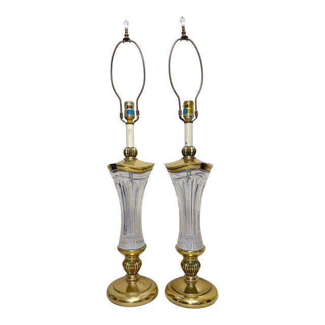 1980s Stiffel Vintage Brass Cut Crystal Electric Table Parlor Lamps - a Pair For Sale