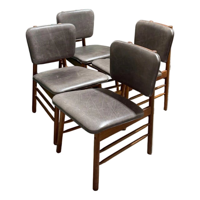 Set of 4 Vintage Mid Century Modern Danish Teak and Leather Greta Dining Chairs For Sale