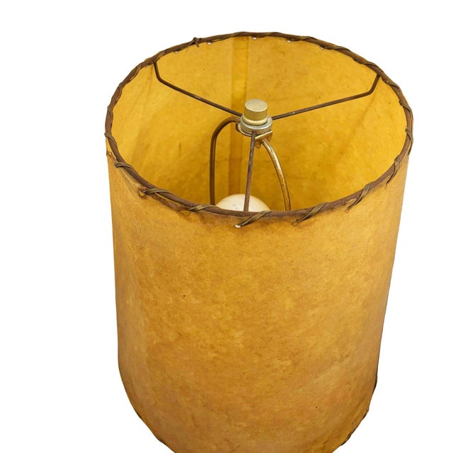 1950s 1950s Yasha Heifetz Style Geometric Mid-Century Oak Table Lamps W Whipple Stitch Shade For Sale - Image 5 of 8