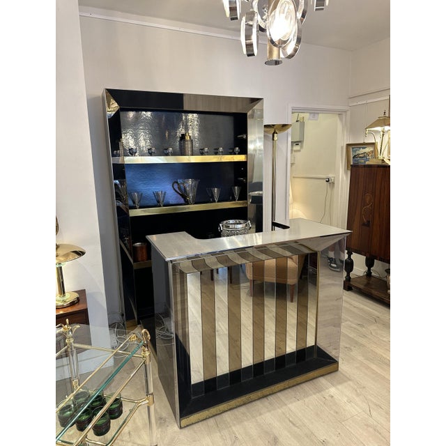 Mid-Century Modern Vintage Italian Chrome, Glass, and Brass Bar Cabinet, 1970s, Set of 3 For Sale - Image 3 of 9