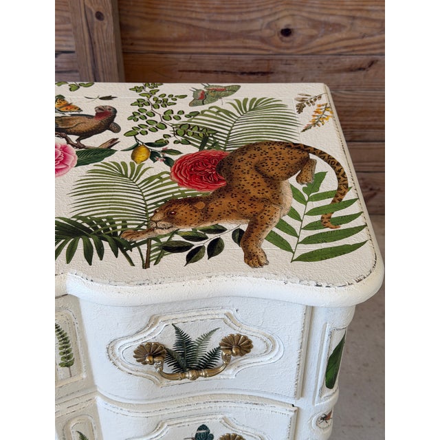 Baker Furniture Company Vintage Baker Furniture Custom Painted Tropical Decoupage Appliqué Chest For Sale - Image 4 of 12