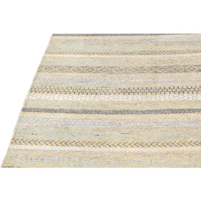 Ivory Modern Apadana's Safi Collection Handmade Stripe Designed Wool Rug For Sale - Image 8 of 11