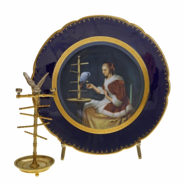 Late 19th Century Parrot Cabinet Plate Vienna Style Hand-Painted Porcelain Thallmaier Mark Cobalt Blue Gilt For Sale - Image 5 of 5