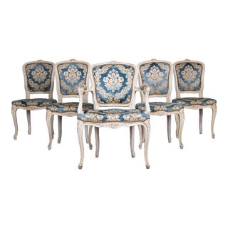 Antique French Louis XV Style Provincial Painted Dining Chairs W/ Floral Damask - Set of 5 For Sale